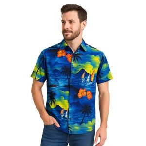 La Leela Shirt Small Blue Multicolor Hawaiian Palm Tree Miami Tropical Aloha‎